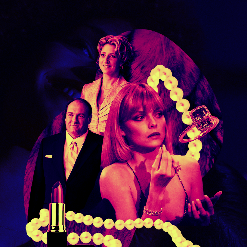 Edie Falco as Carmela, and James Gandolfini as Tony Soprano, in The Sopranos; Michelle Pfeiffer in Scarface 