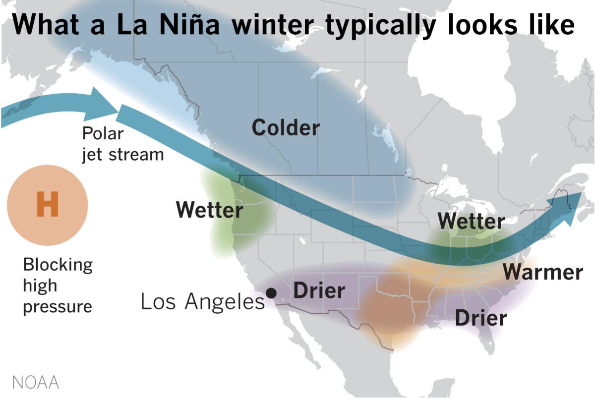 Map shows wind, temperature and rainfall patterns in North America during a La Ni?a winter