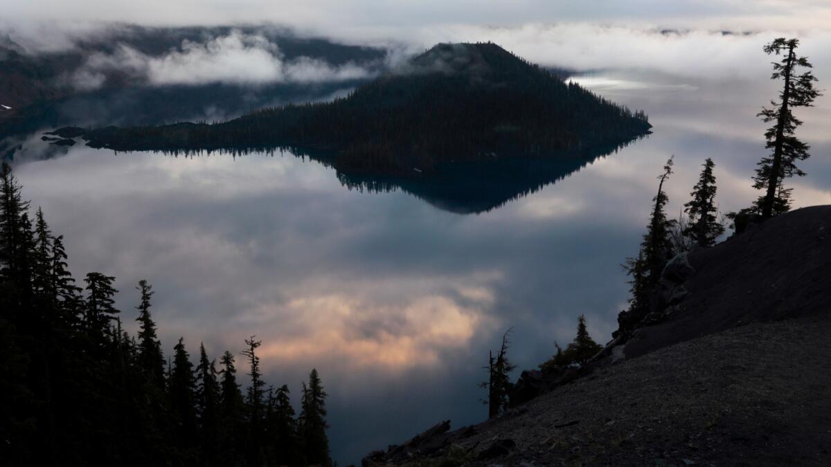 A view of Wizard Island from Discovery Point along Rim Drive in Crater Lake National Park.