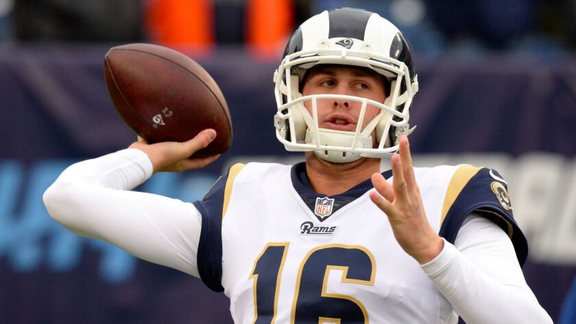 Los Angeles Rams quarterback Jared Goff warms up before a game against the Tennessee Titans in Nashville on Dec. 24.