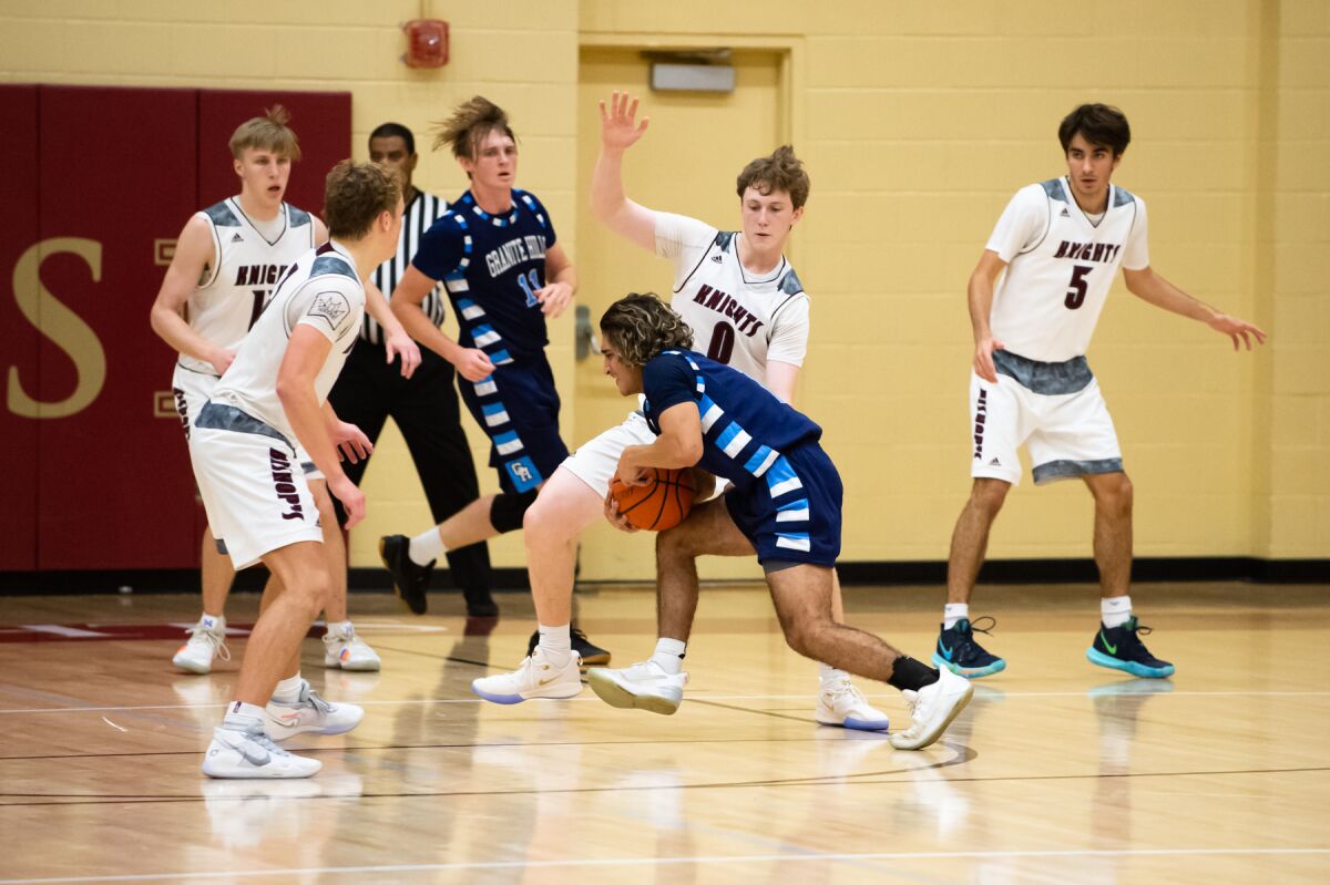 Owen Hill (No. 0), pictured in 2019, is one of only a few seniors on the Bishop's School boys basketball team.