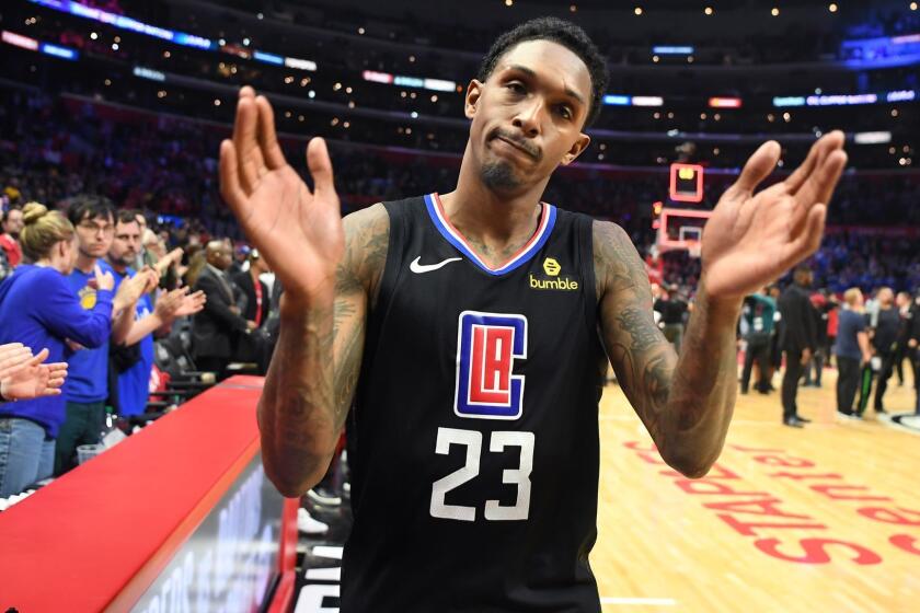 LOS ANGELES, CALIFORNIA APRIL 26, 2019-Clippers Lou Williams walks off the court after his team was eliminated in Game 6 against the Warriors of the NBA playoffs at theStaples Center Friday. (Wally Skalij/Los Angeles Times)