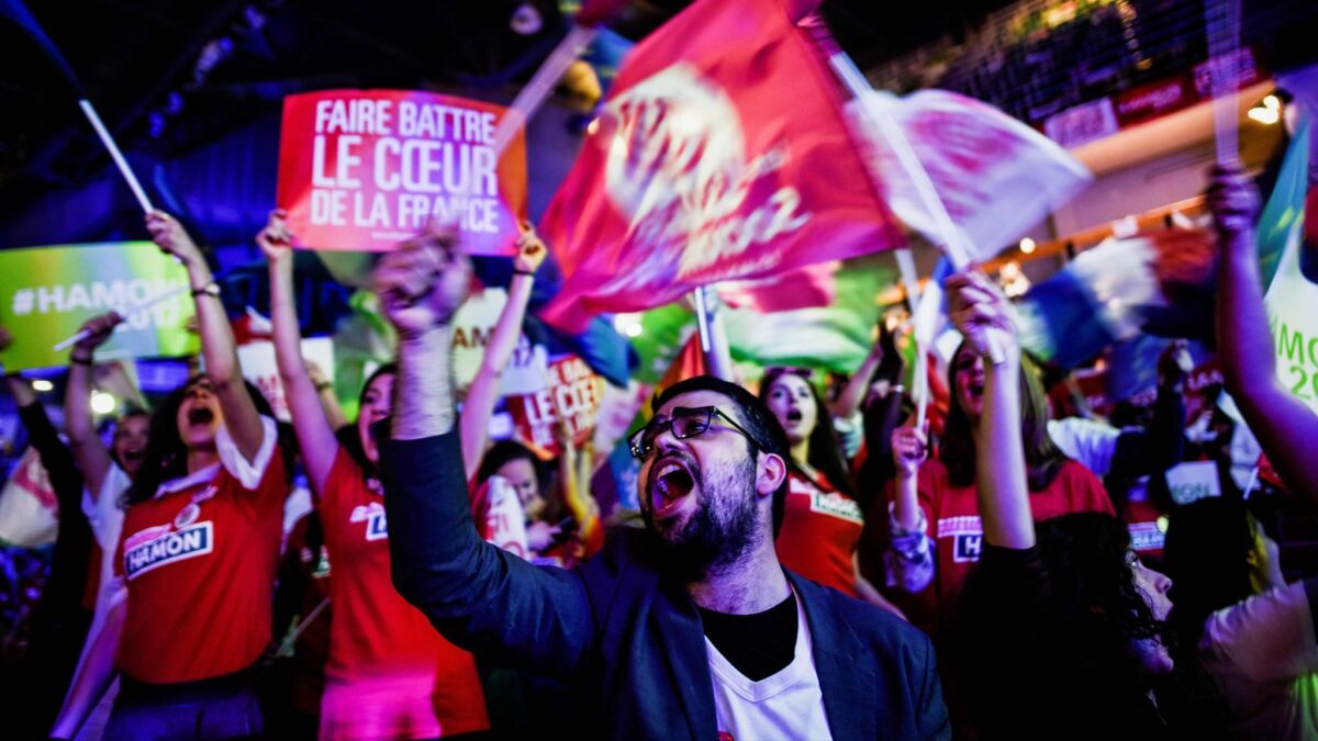 Supporters of French presidential election candidate for the left-wing French Socialist Party Benoit Hamon wave flags as they attend a campaign meeting in Villeurbanne, near Lyon, central-eastern France, on April 11, 2017.