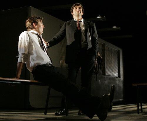 Seth Numrich plays Dakin, left, and Brett Ryback is Scripps in Alan Bennett's "The History Boys" at the Ahmanson Theatre.