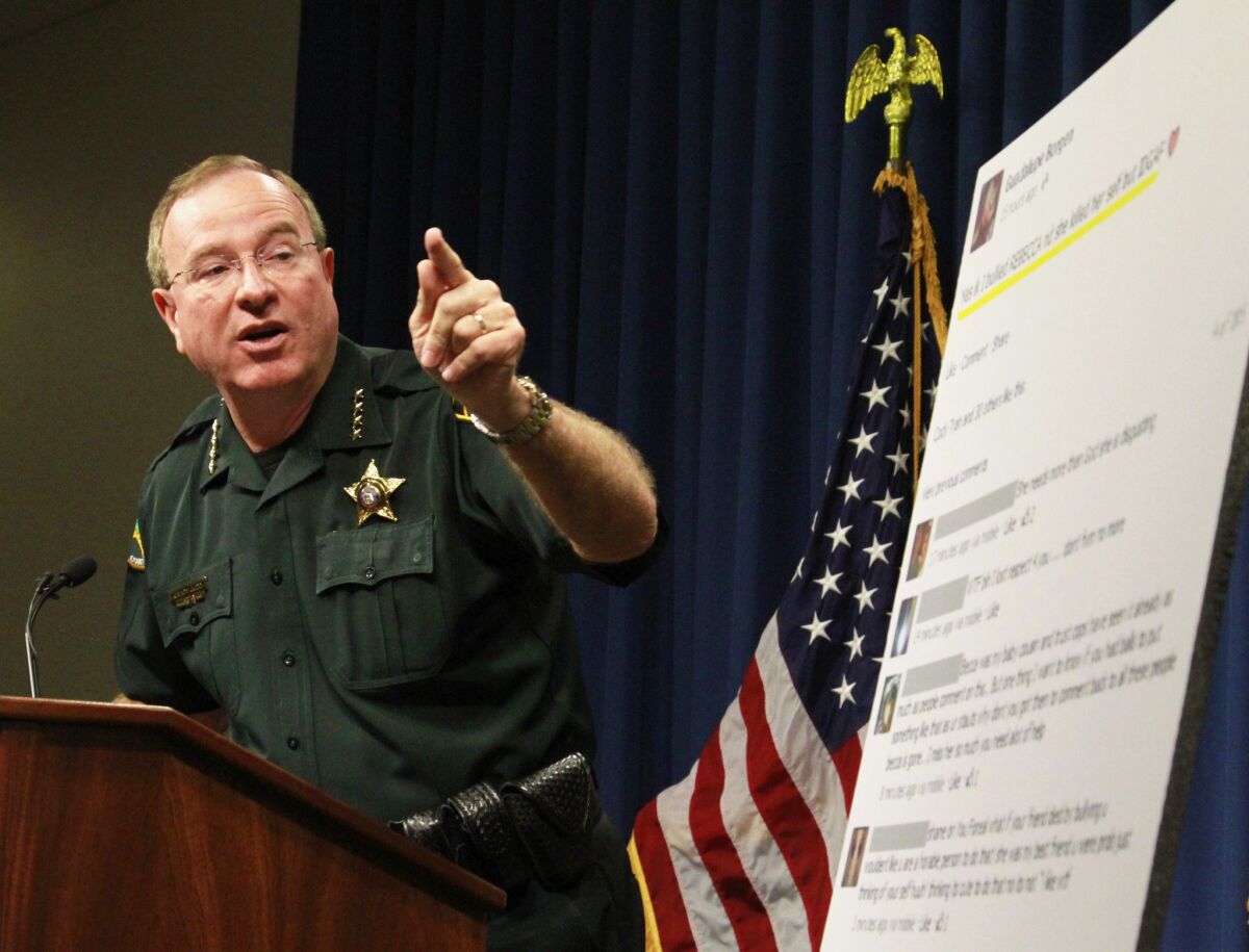 Florida bullying case: Two middle school girls ages 14 and 12 were arrested and charged with felony aggravated stalking in connection with the suicide of 12-year-old Rebecca Ann Sedwick earlier this year. Polk County Sheriff Grady Judd said during a press conference that police arrested the 14-year-old girl after she posted online that she bullied Rebecca and she didn't care.