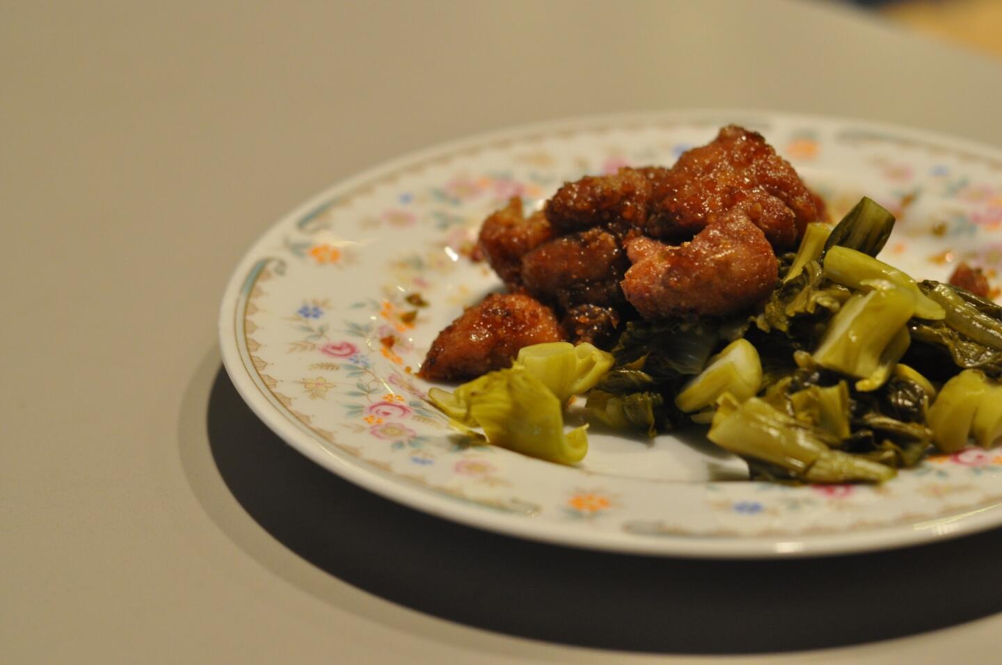 Crispy sweetbreads with pickled Chinese mustard greens.