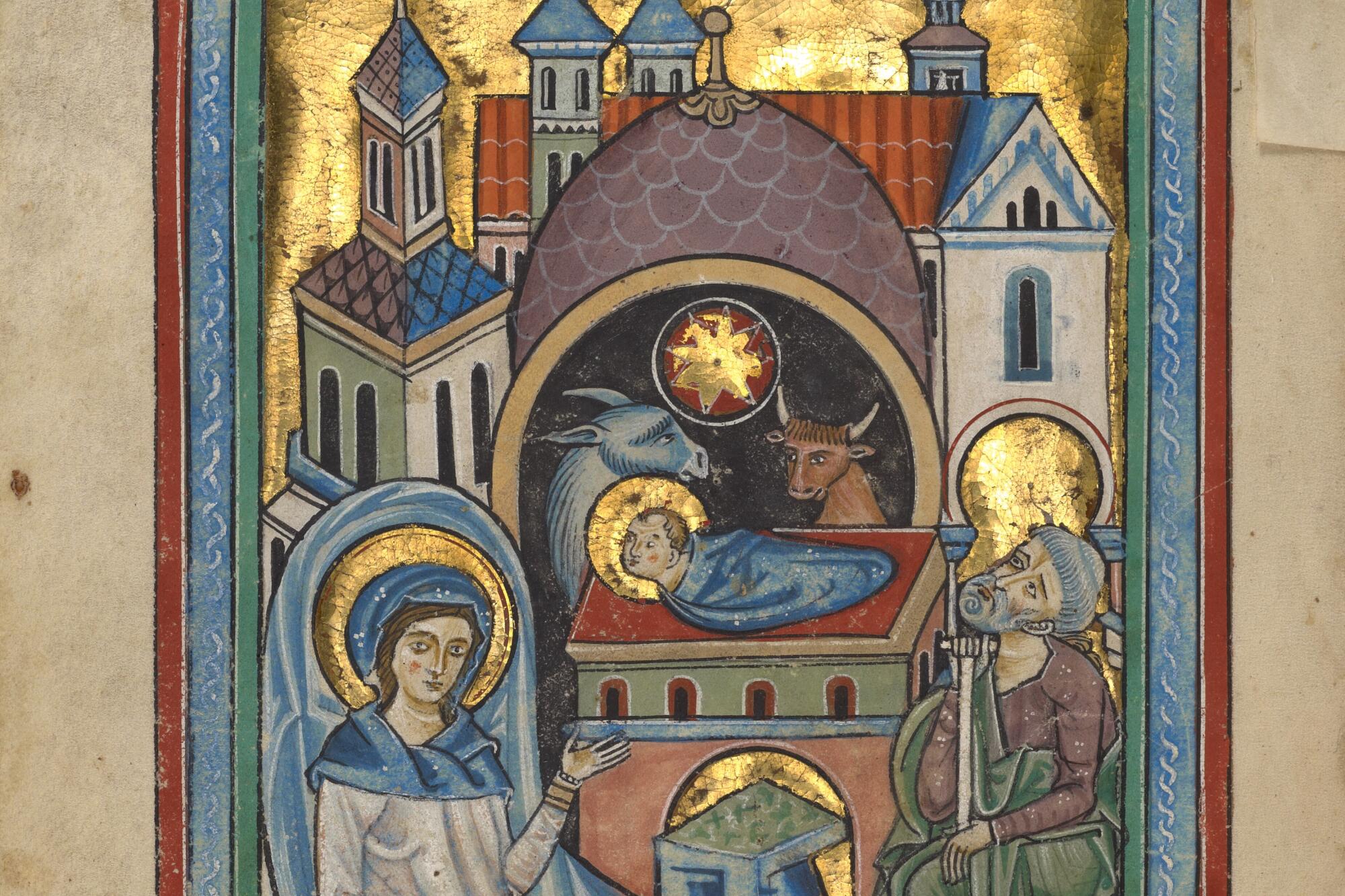 A gilt and tempera 13th century illustration of Mary, Joseph and the Christ child