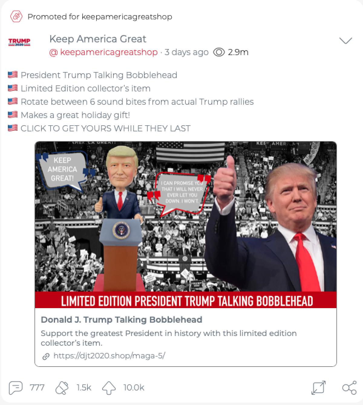 A screengrab shows an ad with a Donald Trump talking bobblehead doll