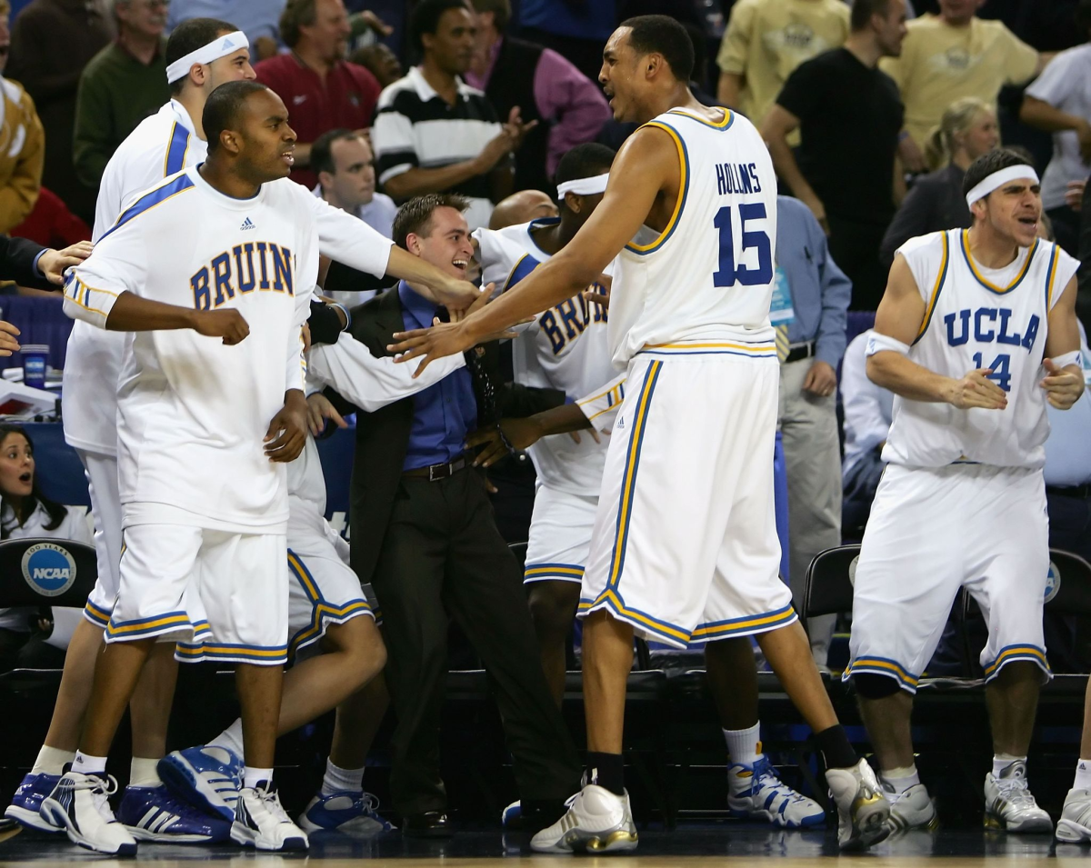 UCLA's Ryan Hollins (15) and teammates celebrate against Gonzaga in an NCAA tournament game March 23, 2006, in Oakland.