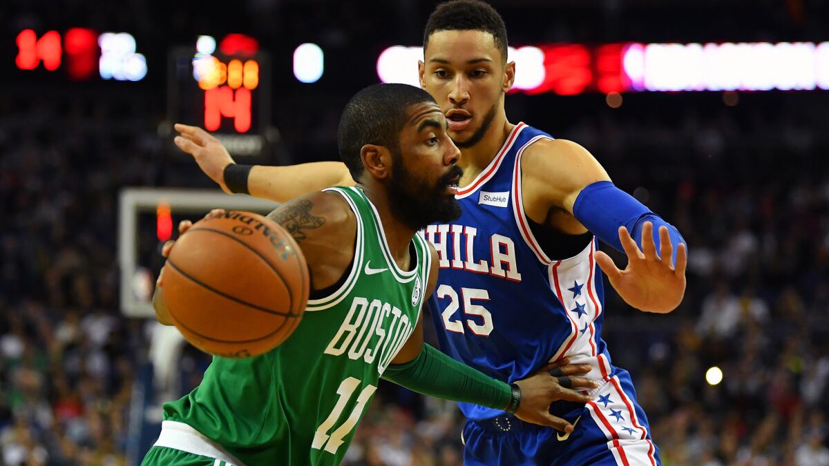 Guards Kyrie Irving (11) of Boston and Ben Simmons (25) of Philadelphia will be favored to make the Eastern Conference finals this season.