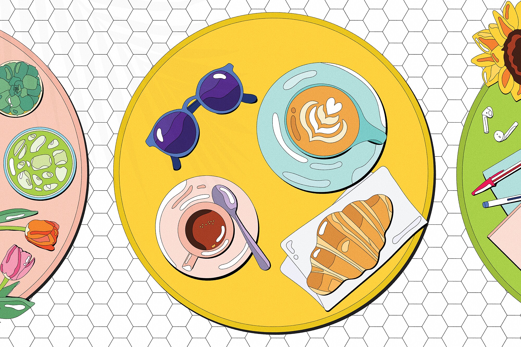 An illustration of a tabletop with cups of coffee, a croissant and sunglasses