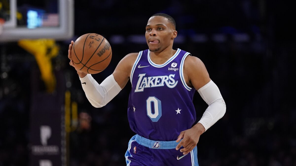 Lakers guard Russell Westbrook controls the ball during a game against the Clippers on Dec. 3.
