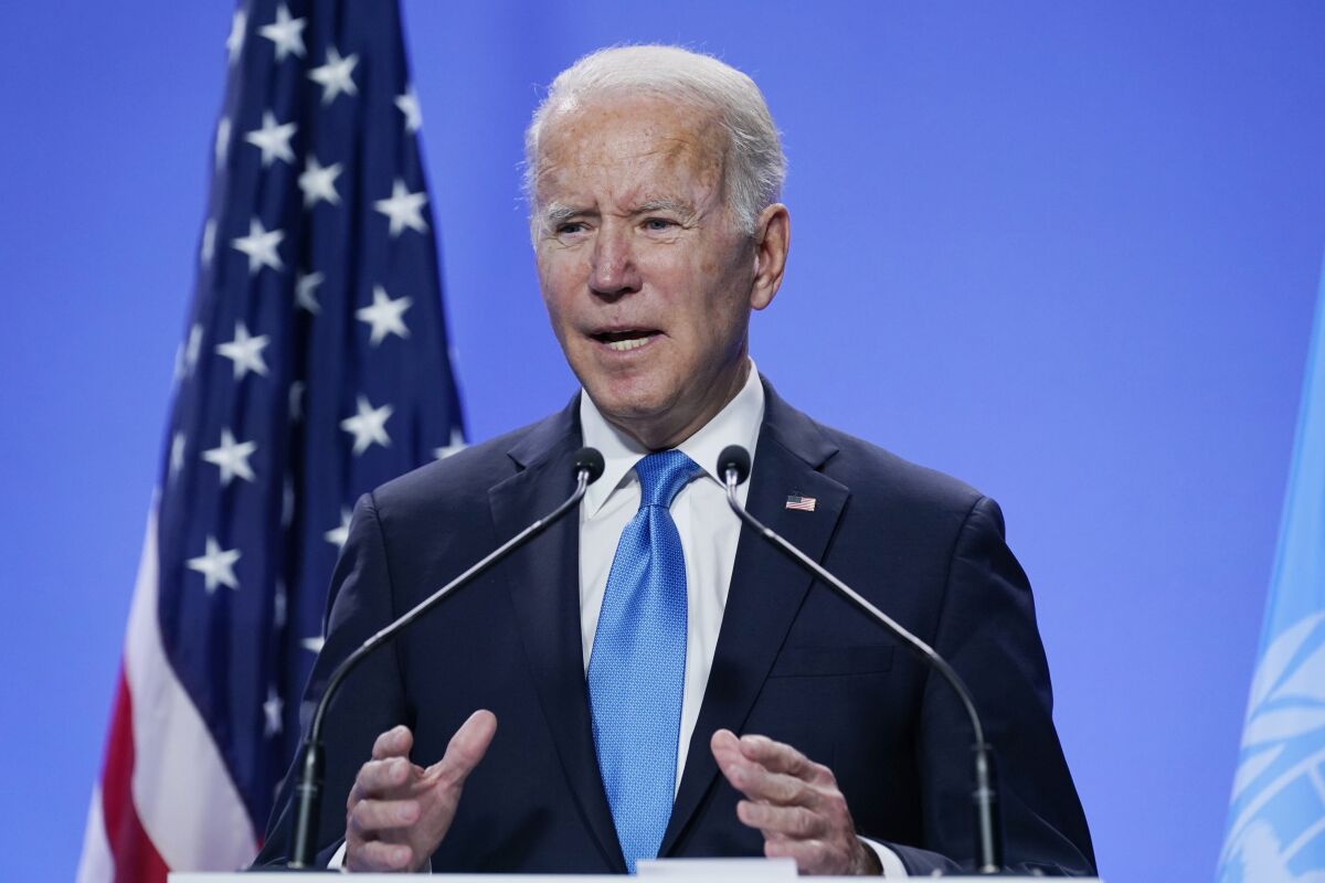 President Joe Biden speaks during a meeting on the "Build Back Better World" initiative at the COP26 U.N. Climate Summit