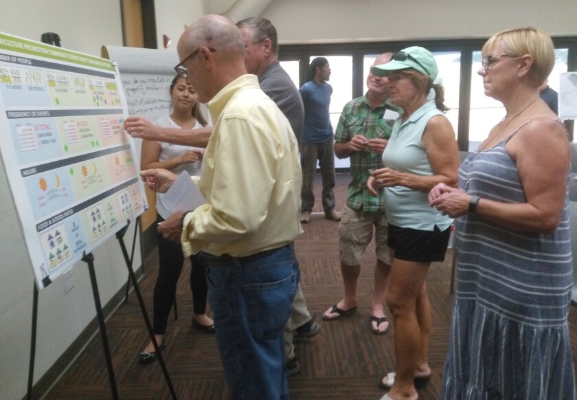 Attendees at an Aug. 14 workshop in Ramona Library indicate their preferences for rules that apply to agricultural community events by placing stickers on a chart.