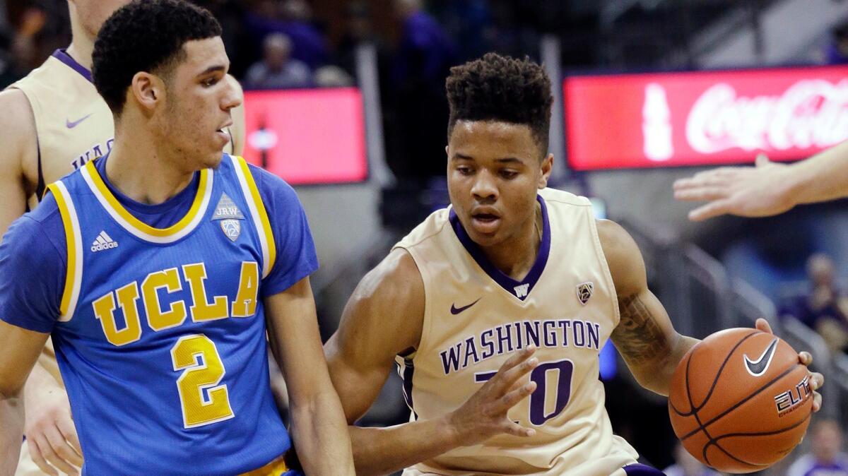 Washington's Markelle Fultz, right, is defended by UCLA's Lonzo Ball on Feb. 4.