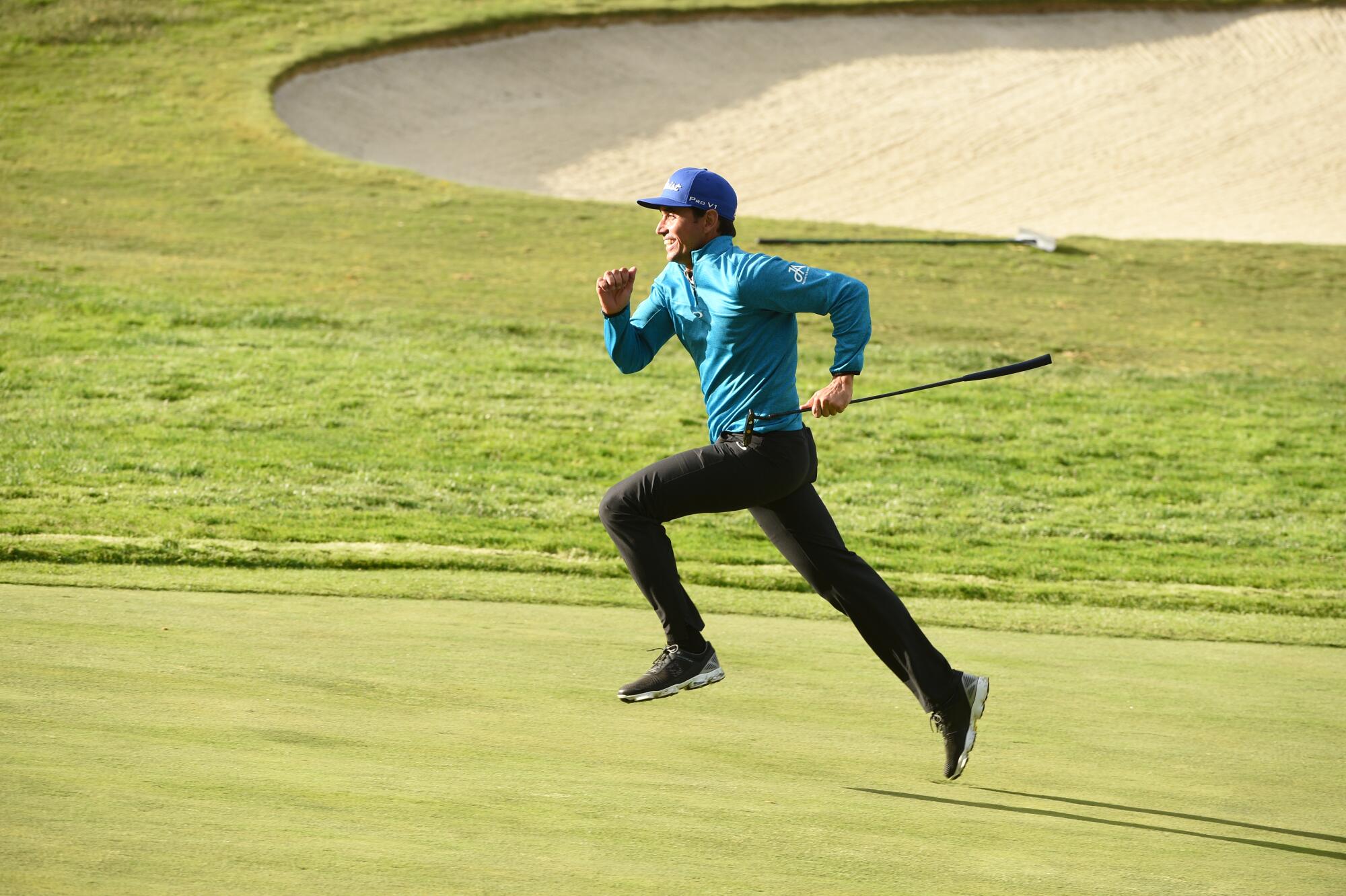 Rafa Cabrera Bello runs up to the green on a par-five hole during speedgolf.