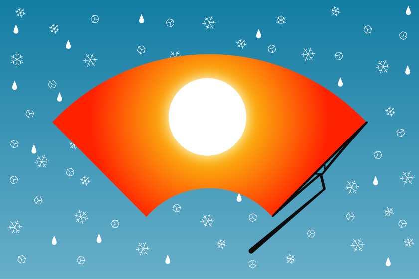 a windshield wiper revealing a hot sun behind a cool/wet/snowy sky