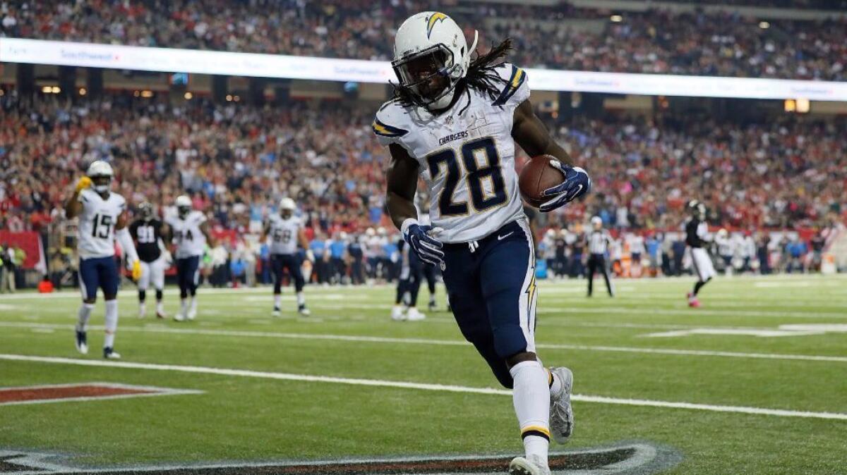 Chargers running back Melvin Gordon trots into the end zone for a touchdown against the Falcons during a game on Oct. 23.