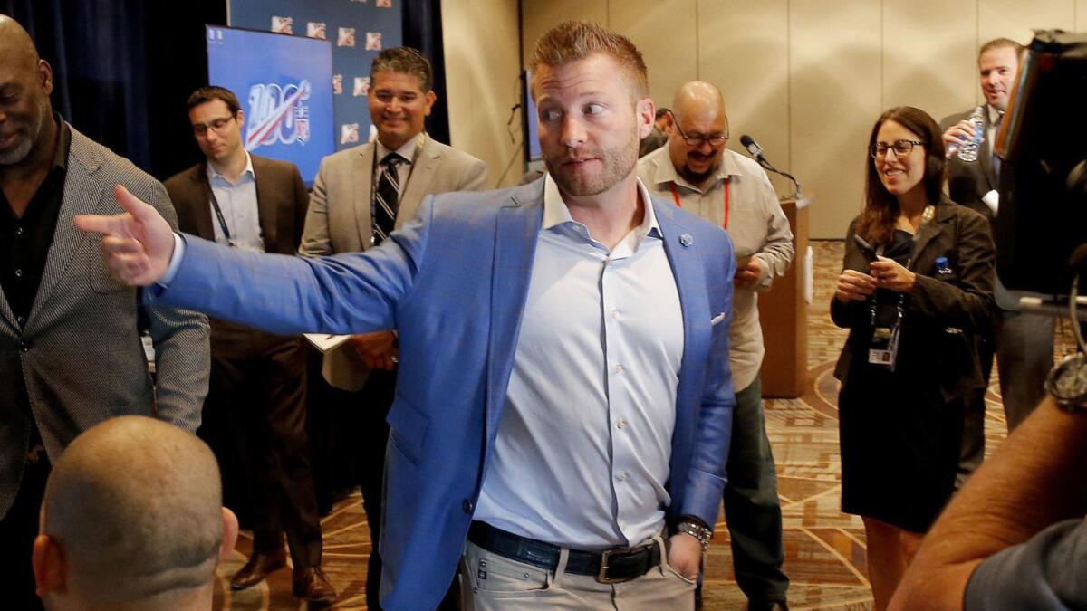 Rams coach Sean McVay speaks to the media at the NFL's annual league meeting in Phoenix on March 26.