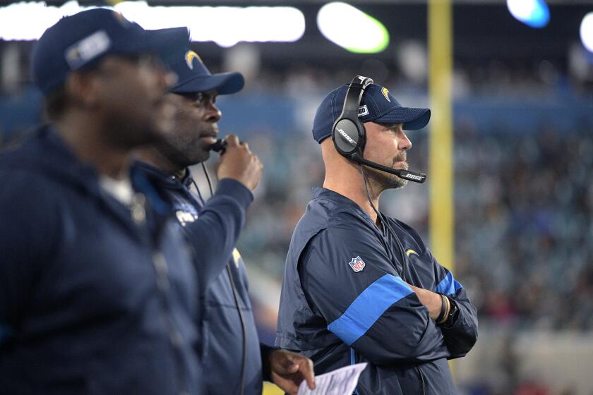 Los Angeles Chargers defensive coordinator Gus Bradley, right, and head coach Anthony Lynn, center, watch from the sideline during the second half of an NFL football game against the Jacksonville Jaguars Sunday, Dec. 8, 2019, in Jacksonville, Fla. (AP Photo/Phelan M. Ebenhack)