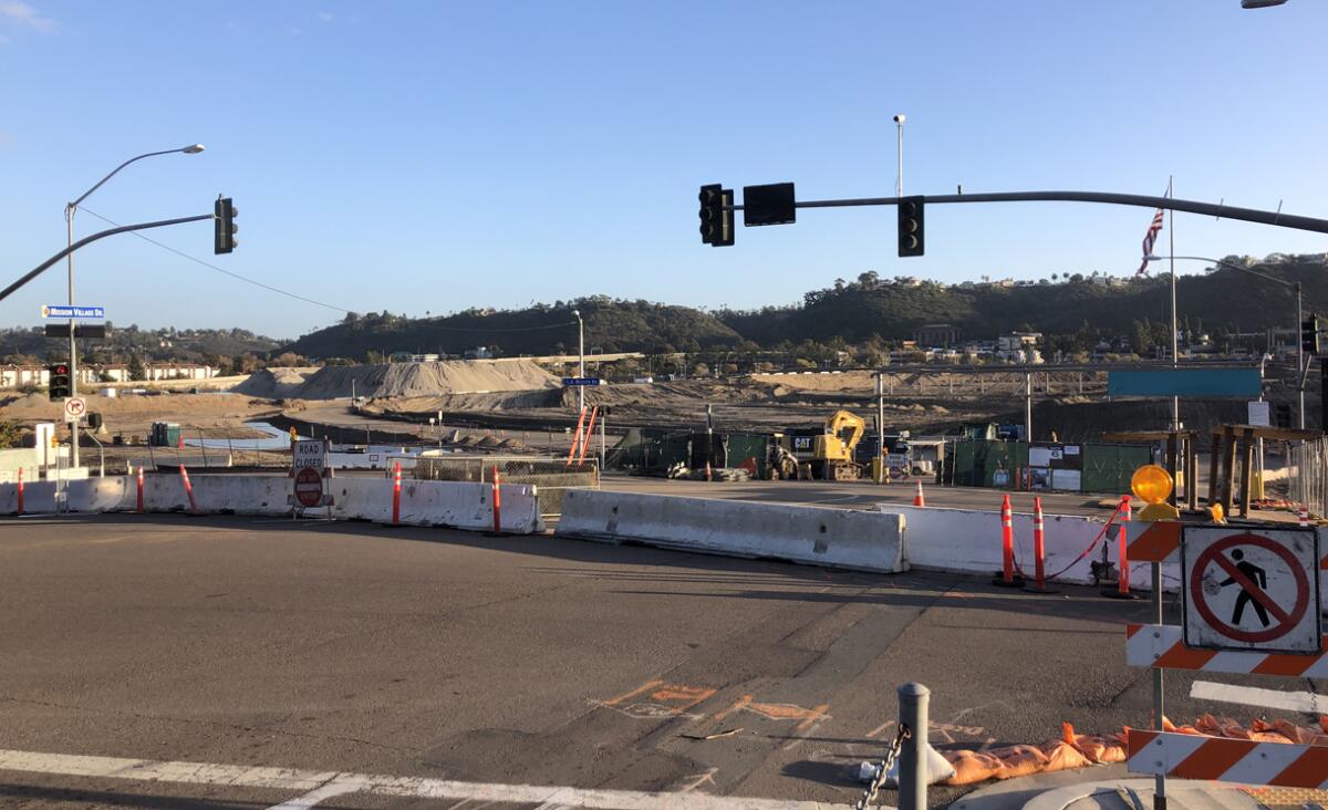 The main entrance at SDSU Mission Valley is blocked off while underground work continues for drainage on the property.