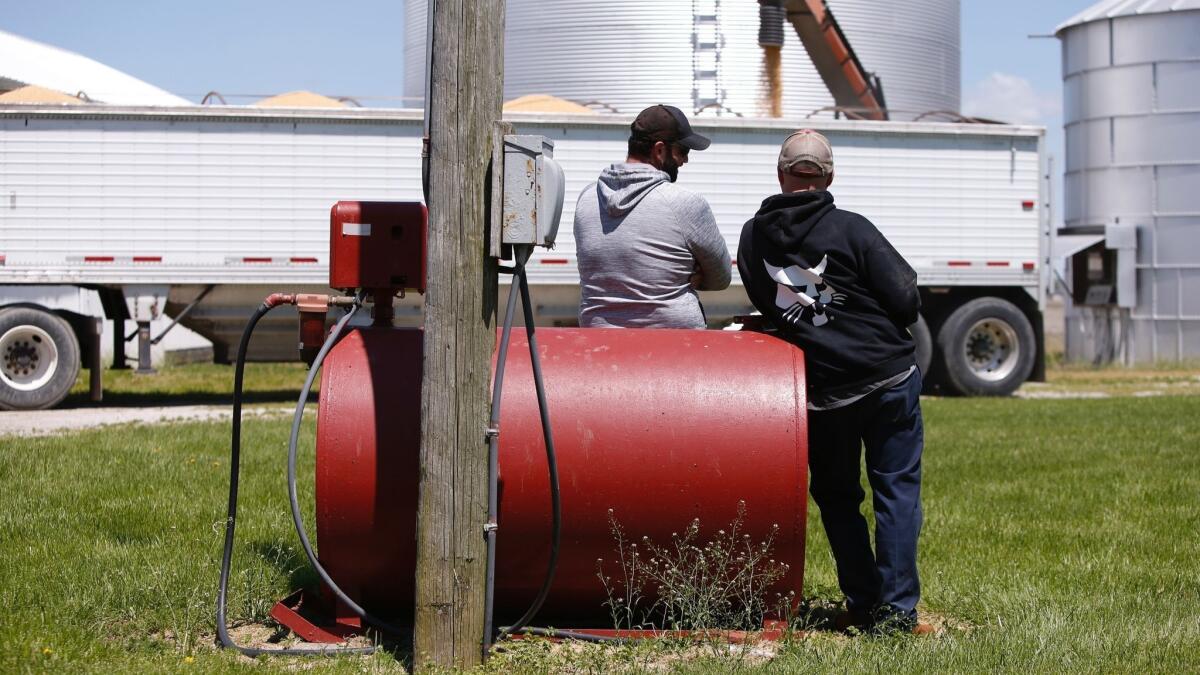 Soybean farmers watch as a truck is loaded for transport in Delaware, Ohio, on May 14.