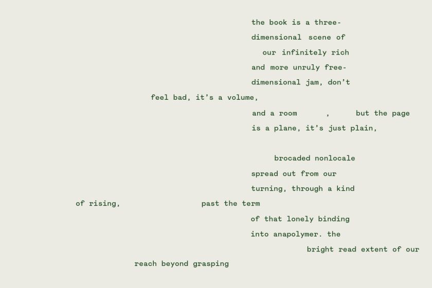 off-white background with a Fred Moten poem excerpt set in green text