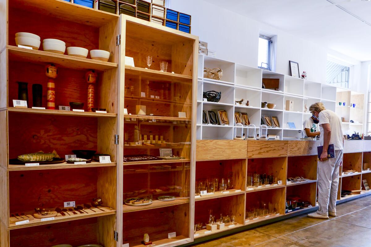 A shop with shelves of Japanese wares 