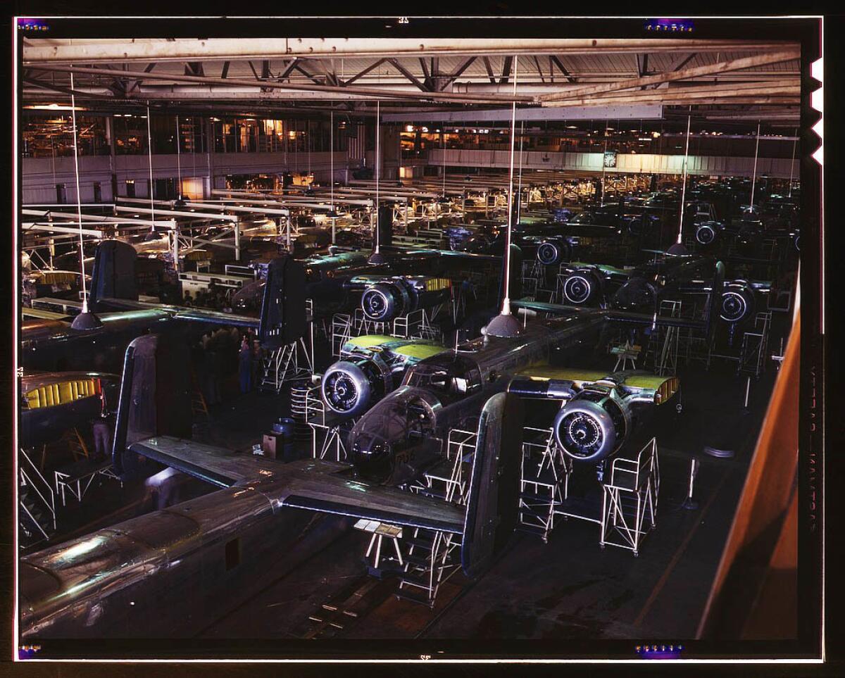 View of the B-25 final assembly line at North American Aviation's Inglewood plant. 1942