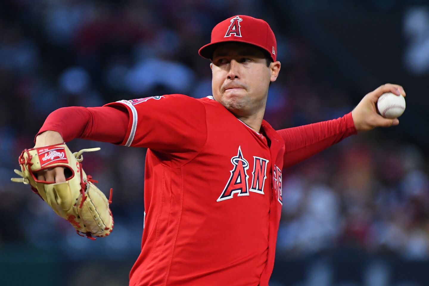 Tyler Skaggs of the Angels pitches in Angel Stadium in Anaheim.