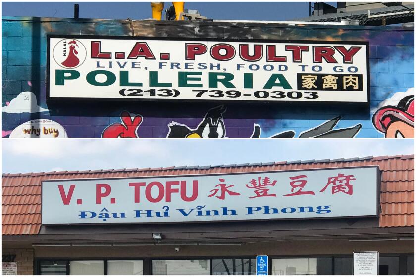 A diptych showing (above) a live poultry shop on Virgil Ave. with signs that speaks in three languages and (below) three languages on a restaurant sign in Montery Park. Credit: Annette M. Kim