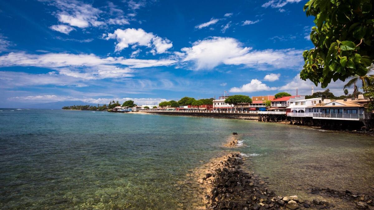 Waterfront view of Front Street in Lahaina, Maui, Hawaii.