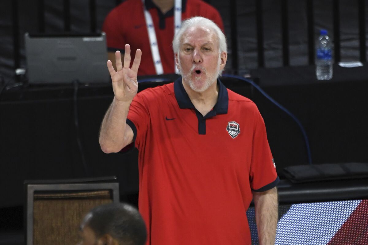 U.S. coach Gregg Popovich on the sideline during an exhibition game against Nigeria on July 10, 2021.