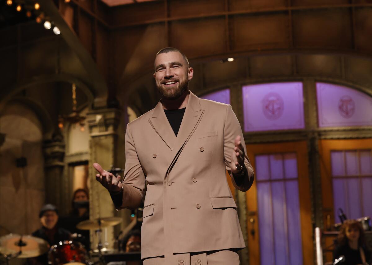 Host Travis Kelce on Saturday Night Live in March 2023.