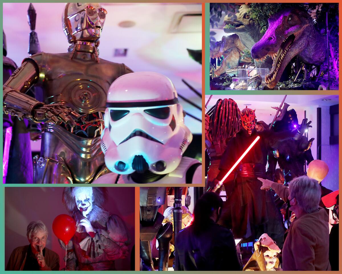 Several images of characters on display including a dinosaur, a clown and C3PO.