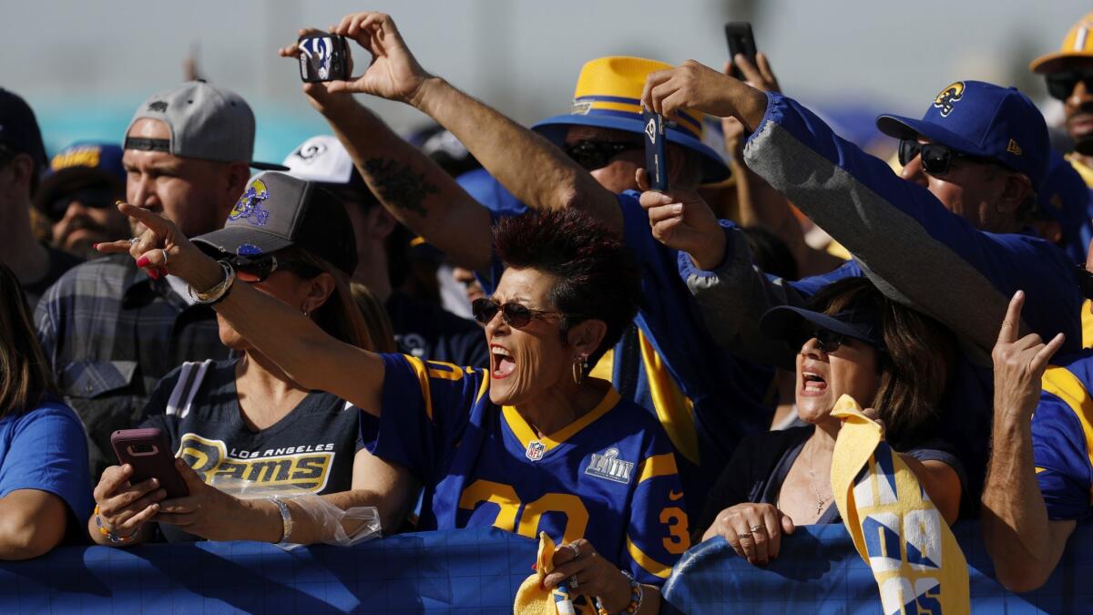 Fans at the Rams Super Bowl send-off in Inglewood on Jan. 27, 2019.