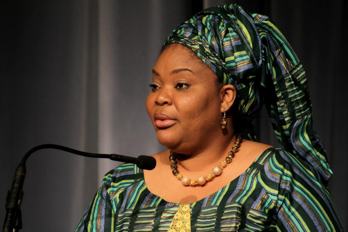 Nobel Peace Laureate Leymah Gbowee speaks about "The Role of Women at the Front Lines of Peace Building" during a Visionary Women salon at the Beverly Wilshire on Tuesday.