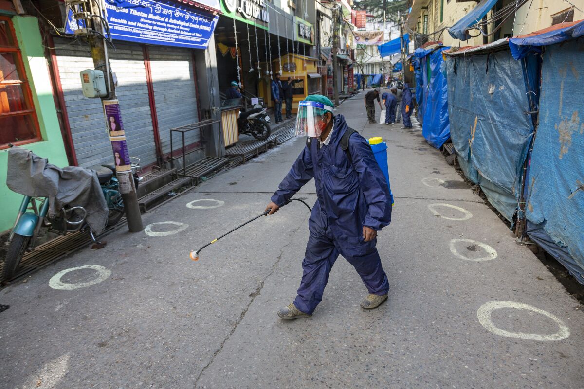A government health worker sprays sanitiser on a street shut down to prevent the spread of the coronavirus in Dharmsala, India, Thursday, Dec. 10, 2020. (AP Photo/Ashwini Bhatia)