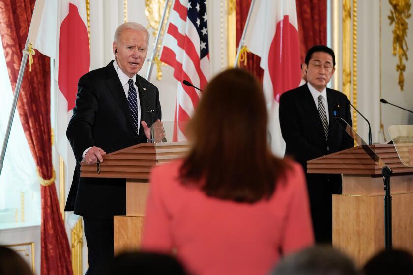 President Joe Biden speaks during a news conference with Japanese Prime Minister Fumio Kishida