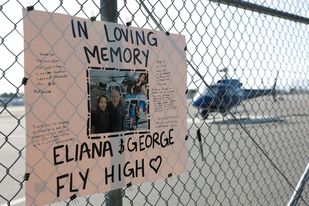 Mourners leave notes at a memorial for the NBC4 helicopter crew at Whiteman Airport in Pacoima.