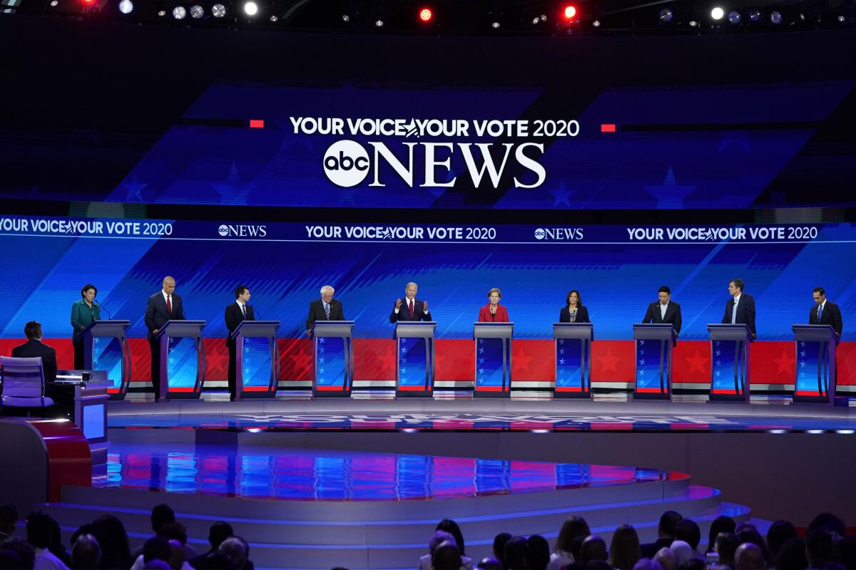Democratic presidential candidates during Thursday's debate at Texas Southern University in Houston.