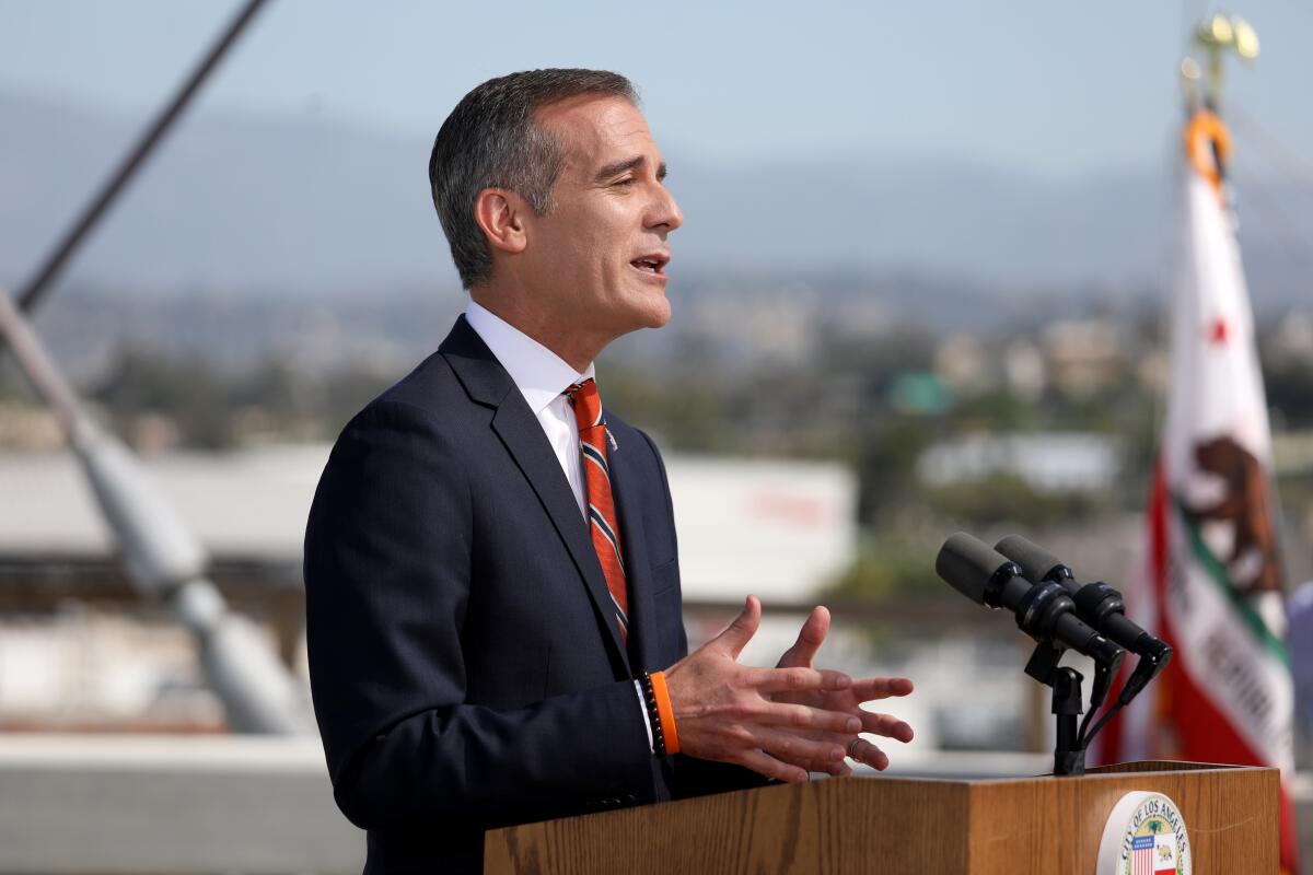 Mayor Eric Garcetti delivers the State of the City Address outdoors.