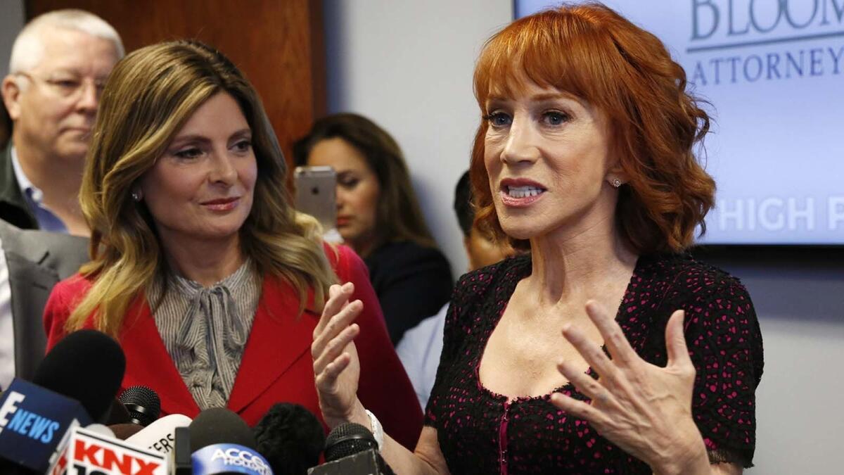 Kathy Griffin speaks at a news conference on June 2 regarding the fallout over a photo of the comic holding a bloody likeness of the severed head of President Trump.