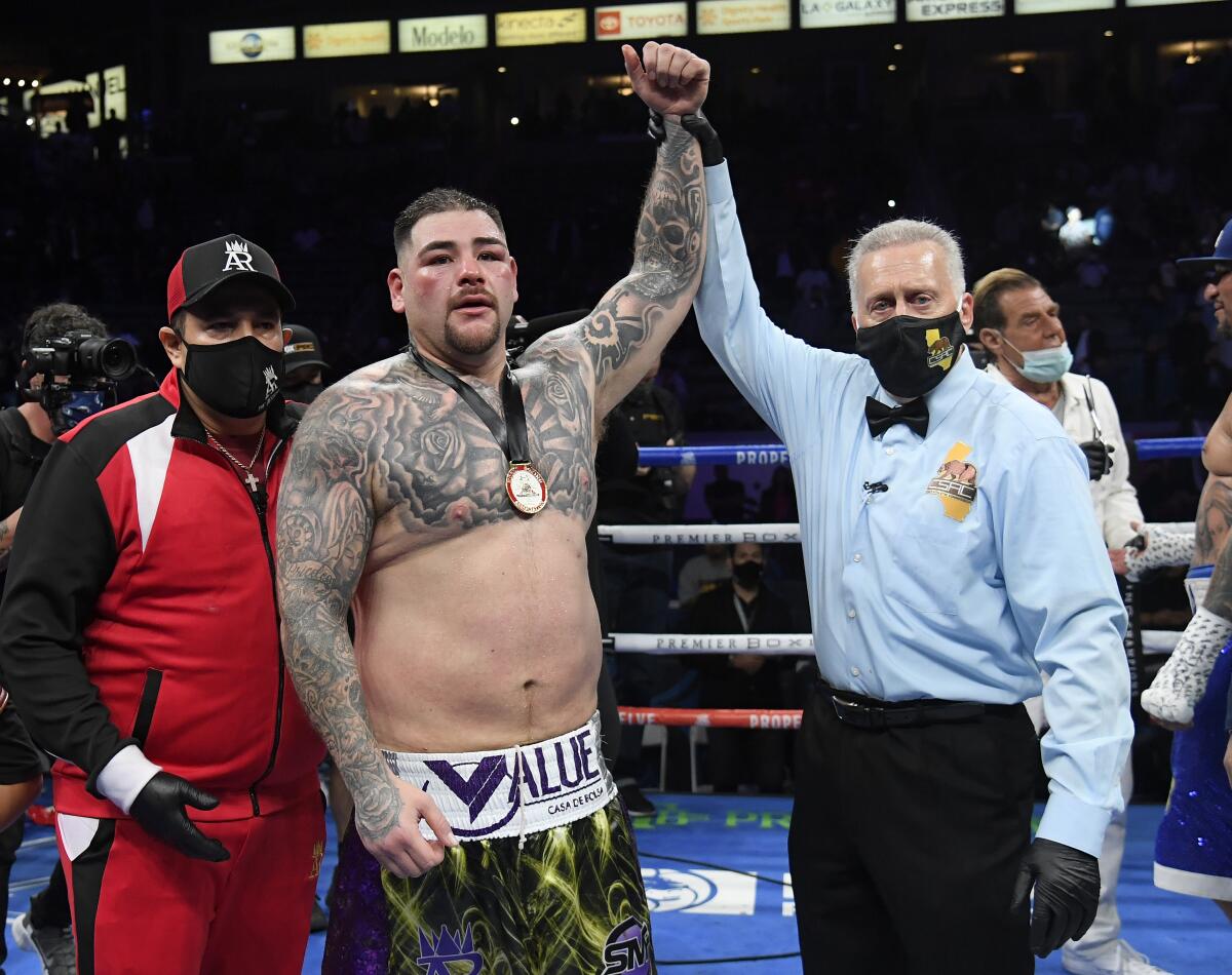 Andy Ruiz Jr. has his hand raised by referee Jack Reiss after defeating Chris Arreola on Saturday.