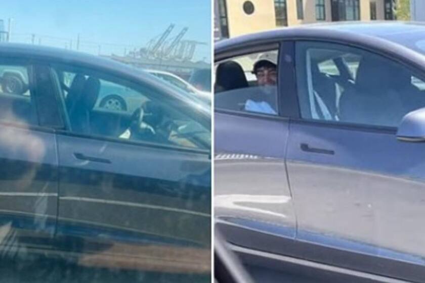 Two photos show a man sitting in the backseat of a Tesla car with no driver