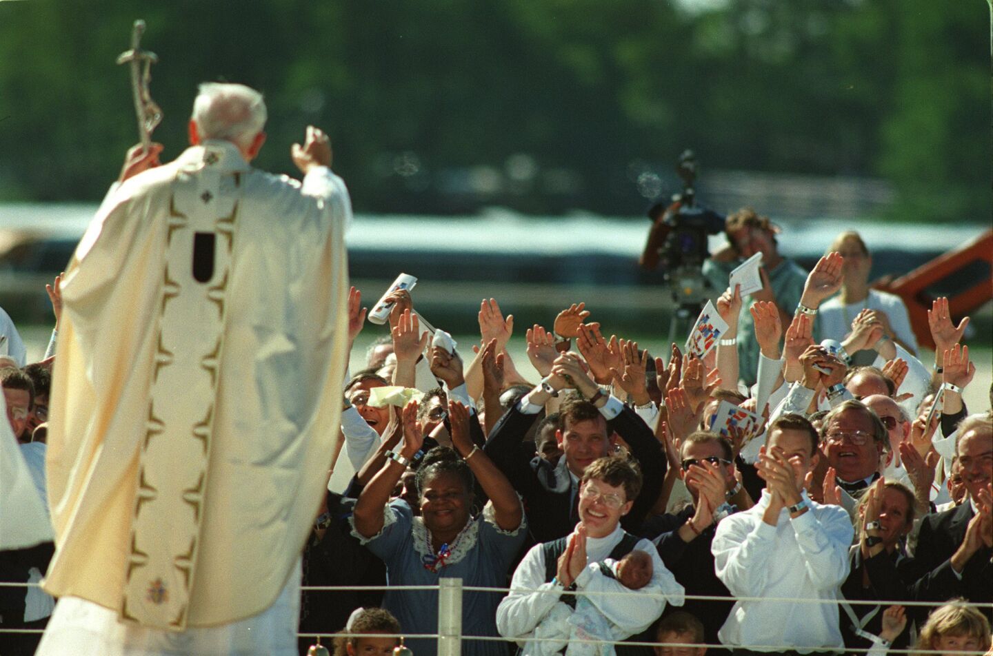 Pope John Paul II waves to the crowd at Aqueduct Racetrack in Queens, N.Y.