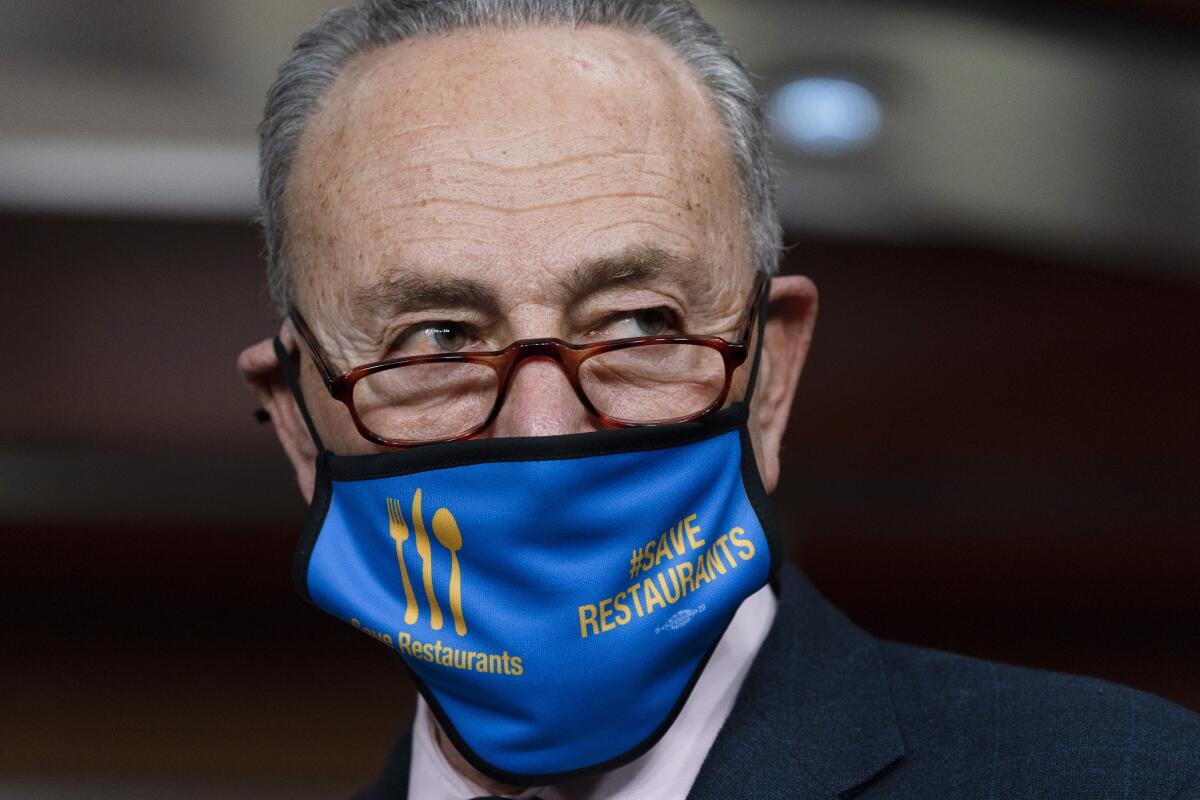 Senate Majority Leader Charles E. Schumer (D-N.Y.) at a news conference Thursday on Capitol Hill. 