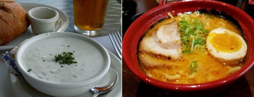 If you like rich, creamy New England clam chowder (left), you'll probably savor similarly decadent tonkotsu ramen as well.