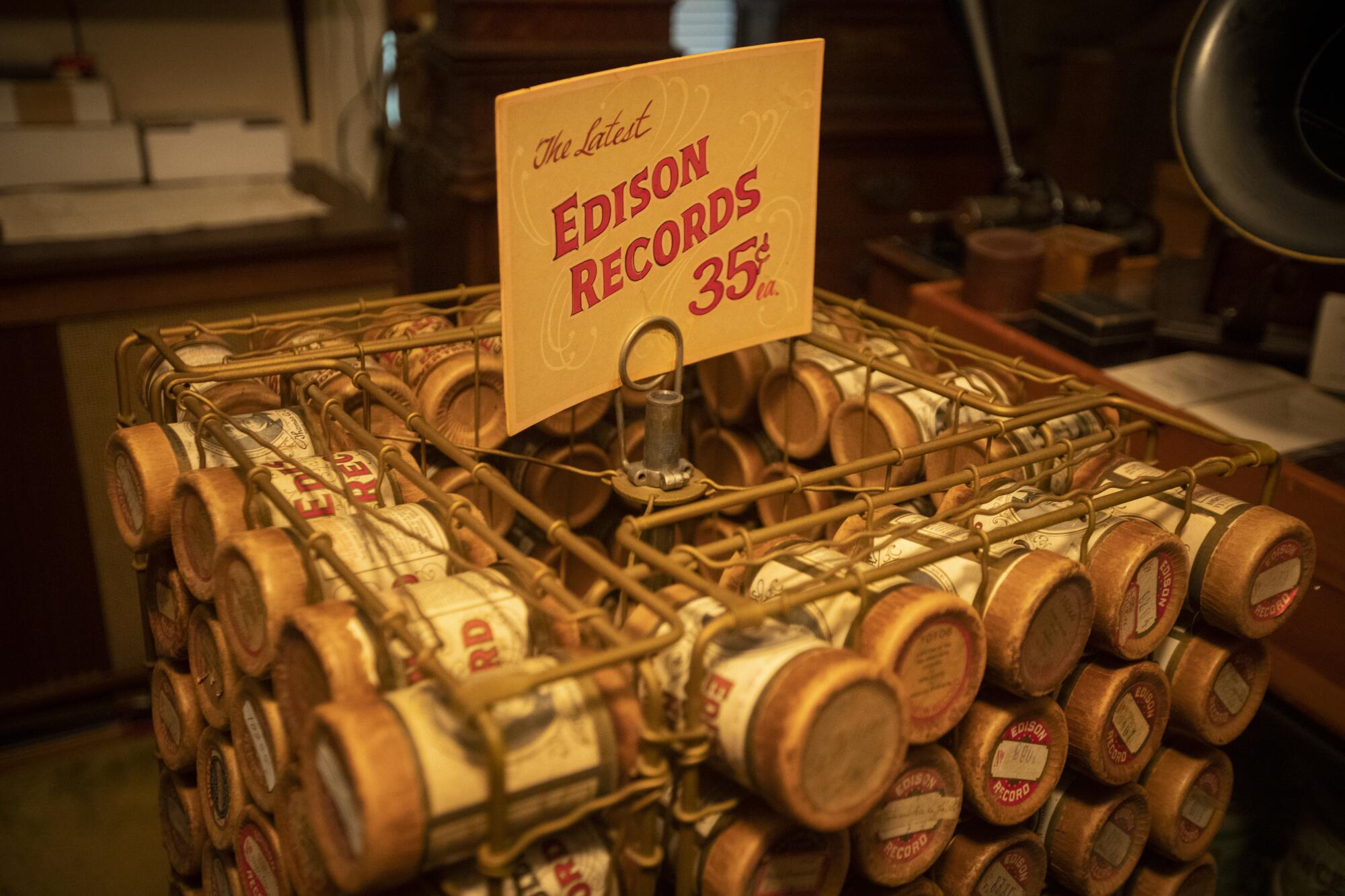 This 1905 rotating sales rack for Edison wax cylinders was originally displayed in a Texas music store