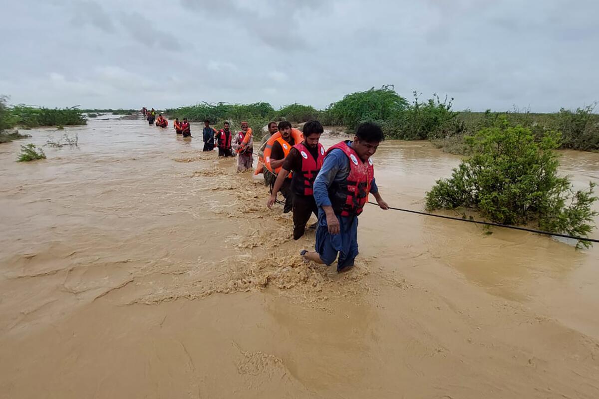  A line of people hold on to a rope as they walk through knee-deep water.
